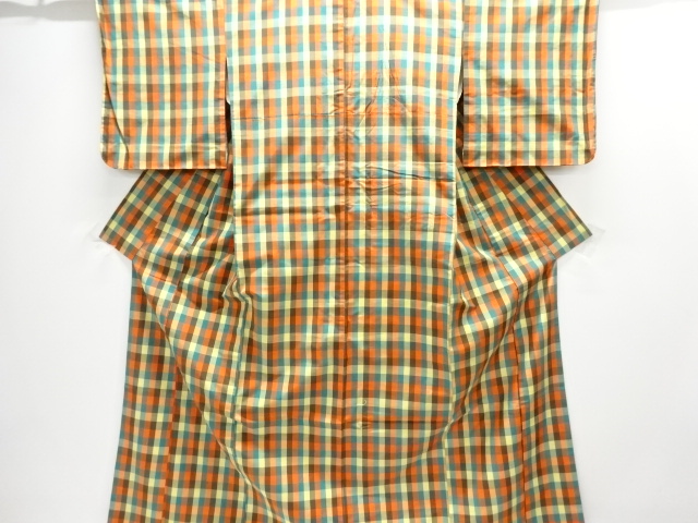 JAPANESE KIMONO / ANTIQUE ENSEMEBL KIMONO / SILK / TSUMUGI / WOVEN GRID